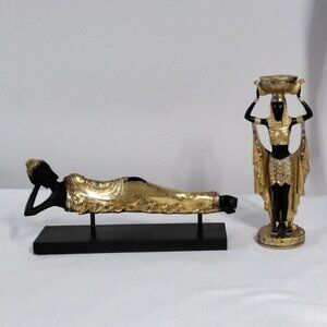 Rare Serene Buda Resting Figurine & servant or attendant Candle Holder Set